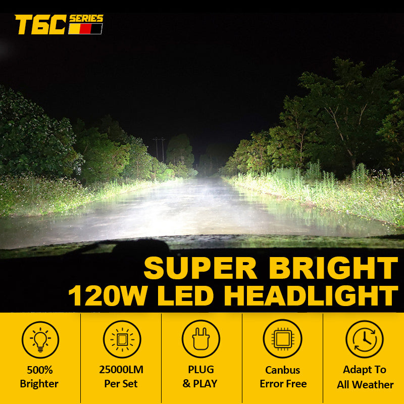 T6C Car LED Headlight Bulb 25000LM H4 H7 H11 9005 9006 H1 9012 HB3 HB4 H9 881 H27 D2H HIR2 High/Low Beam Canbus