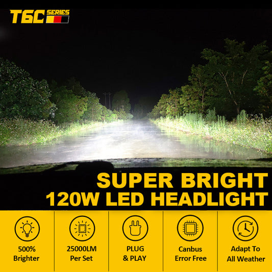 T6C Car LED Headlight Bulb 25000LM H4 H7 H11 9005 9006 H1 9012 HB3 HB4 H9 881 H27 D2H HIR2 High/Low Beam Canbus